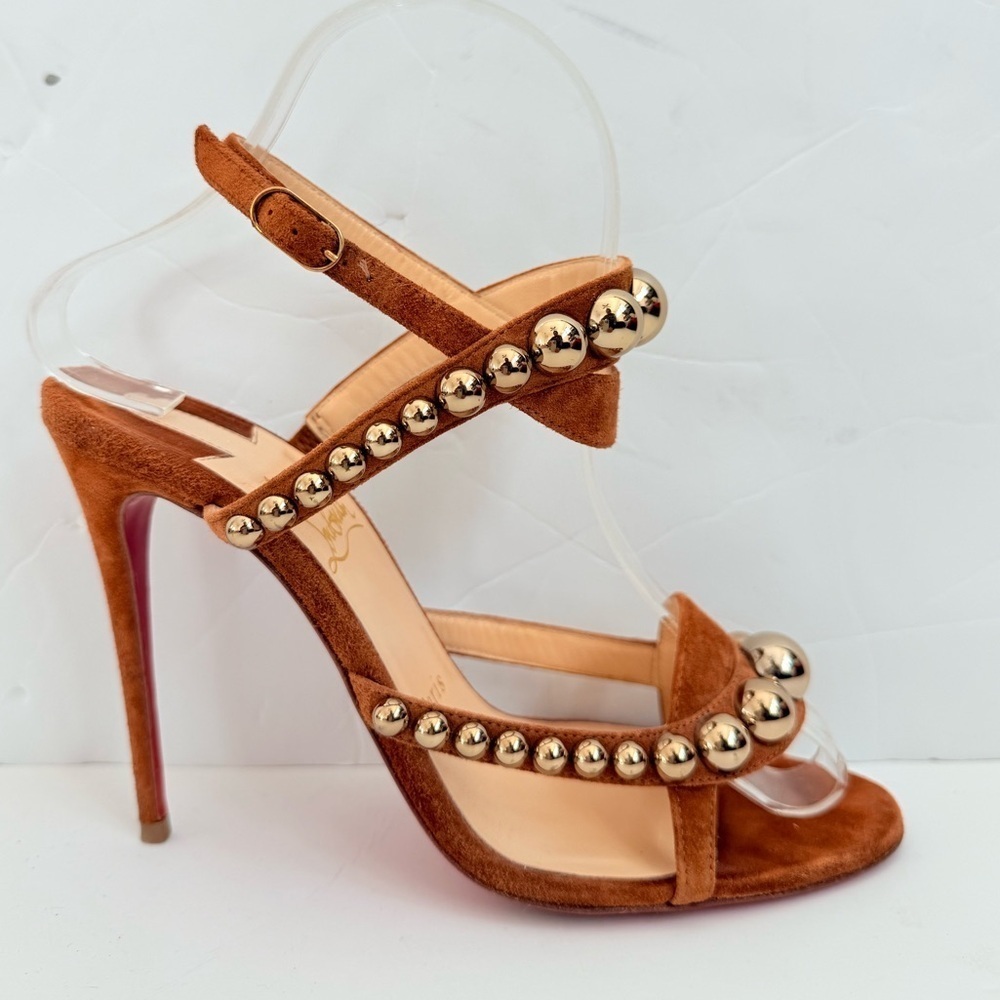 Christian Louboutin Galeria 100mm Cognac Suede studded Heels Sandals EU 37 - Picture 5 of 14